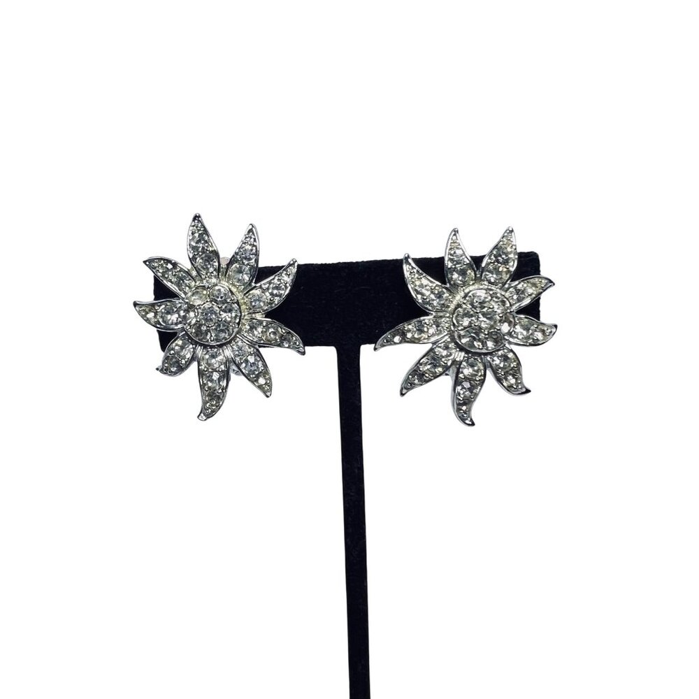 Sarah Coventry Silver Tone And Rhinestone Starburst Clip On Earrings (6179)